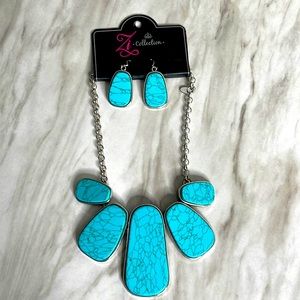 Oblong Turquoise Stone Silver Statement Necklace and Earrings
